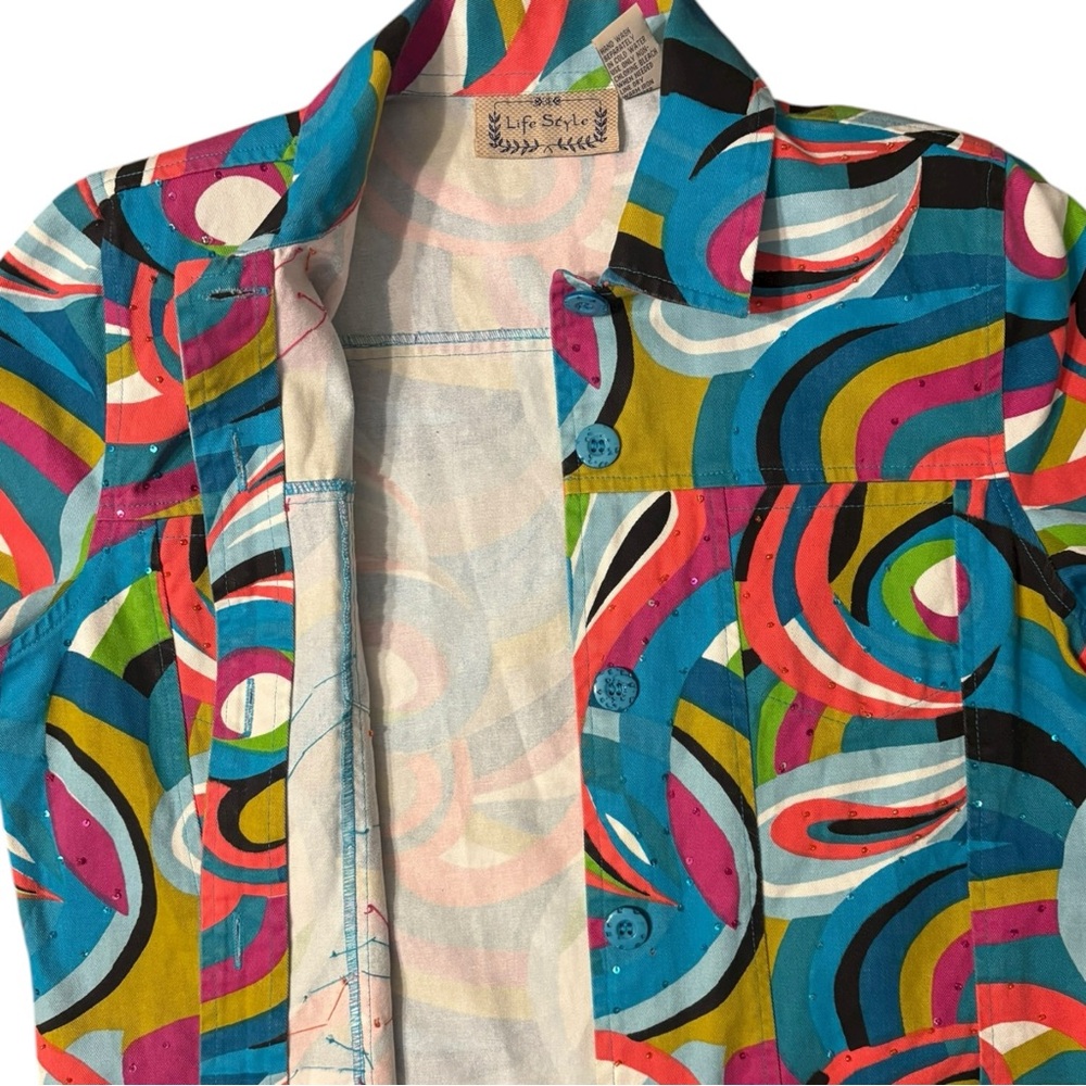 🚨3 for $15 Life Style Vintage Wearable Art Button Up Jacket Size Medium Sequins - Picture 11 of 14